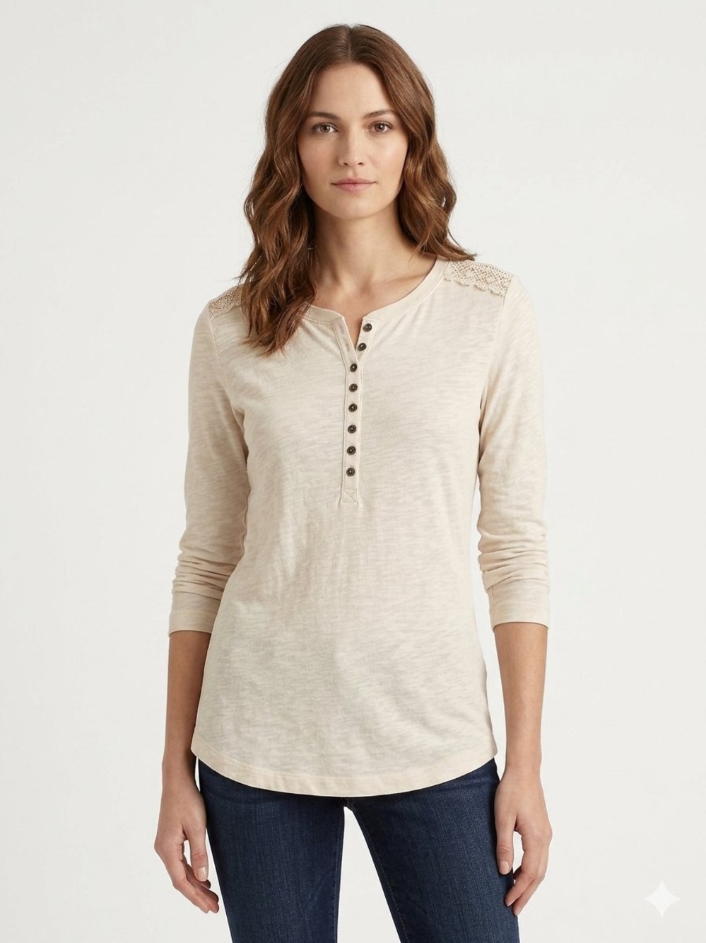 Lauren Ralph Lauren Ivory Cotton Henley Shirt with Shoulder Lace Detail